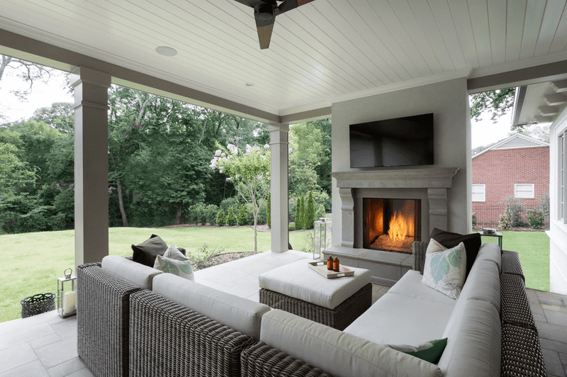 outdoor lounge with fireplace